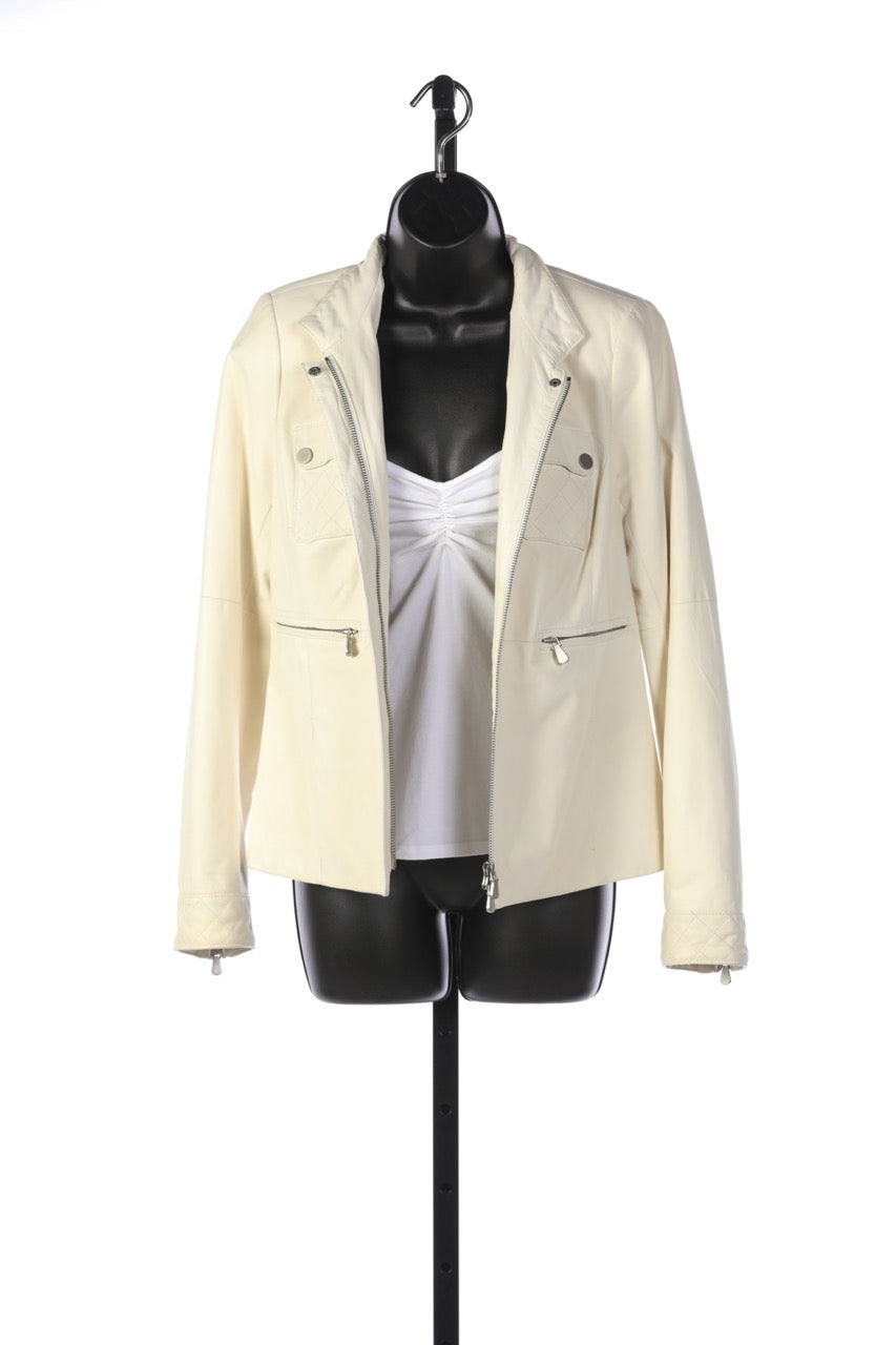 Worth White Cream Leather Zip-Up Double Breasted Jacket