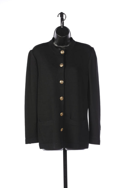 St. John Basics Black Button Down Sweater with Ornate Gold Buttons & Front Pockets