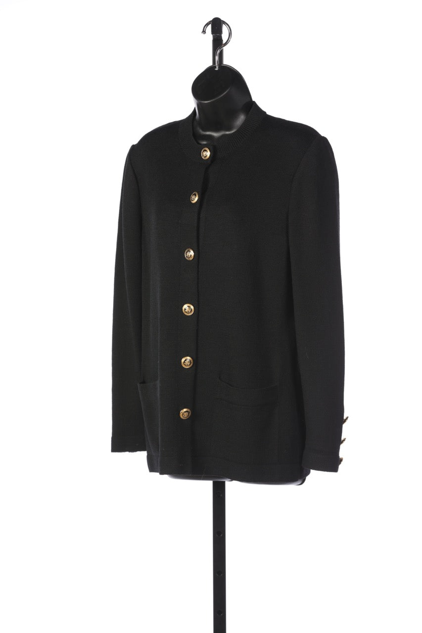 St. John Basics Black Button Down Sweater with Ornate Gold Buttons & Front Pockets