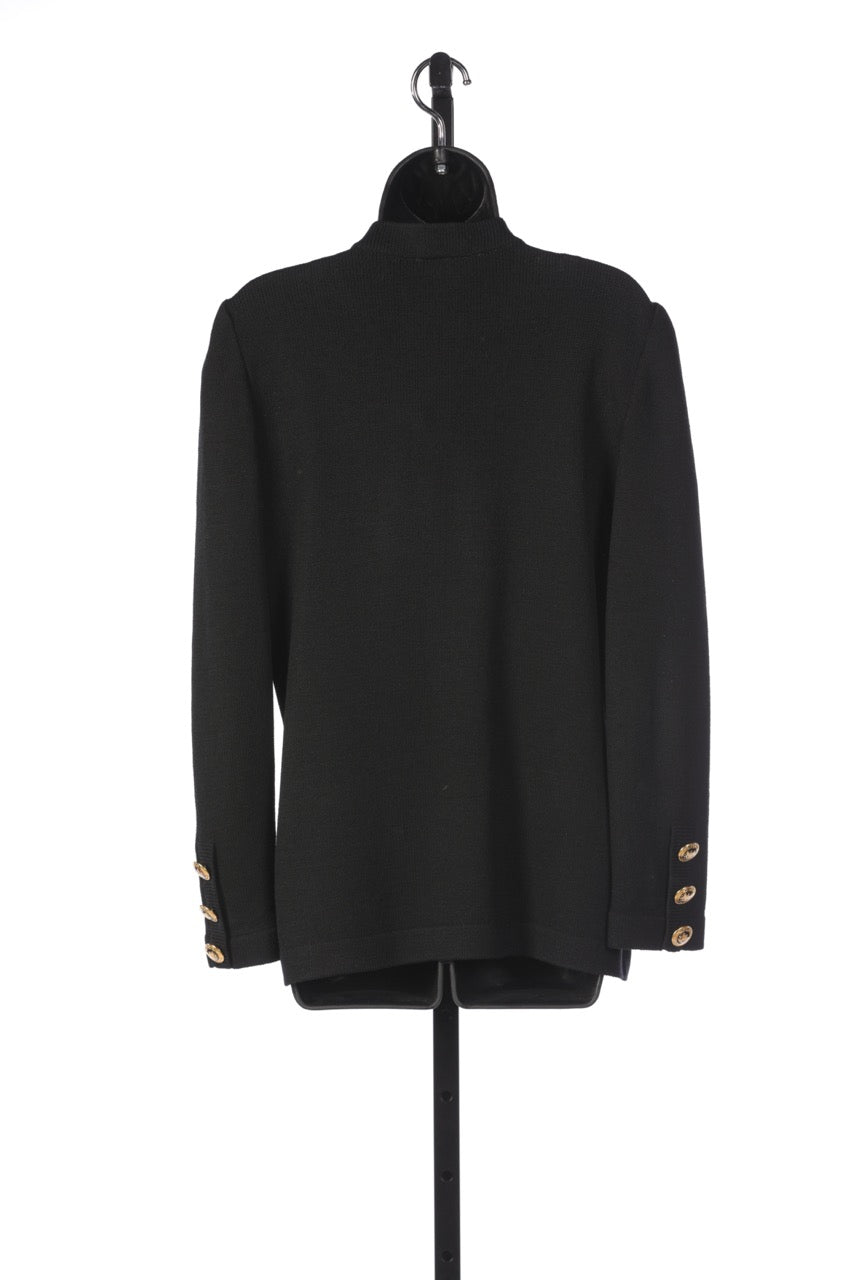 St. John Basics Black Button Down Sweater with Ornate Gold Buttons & Front Pockets