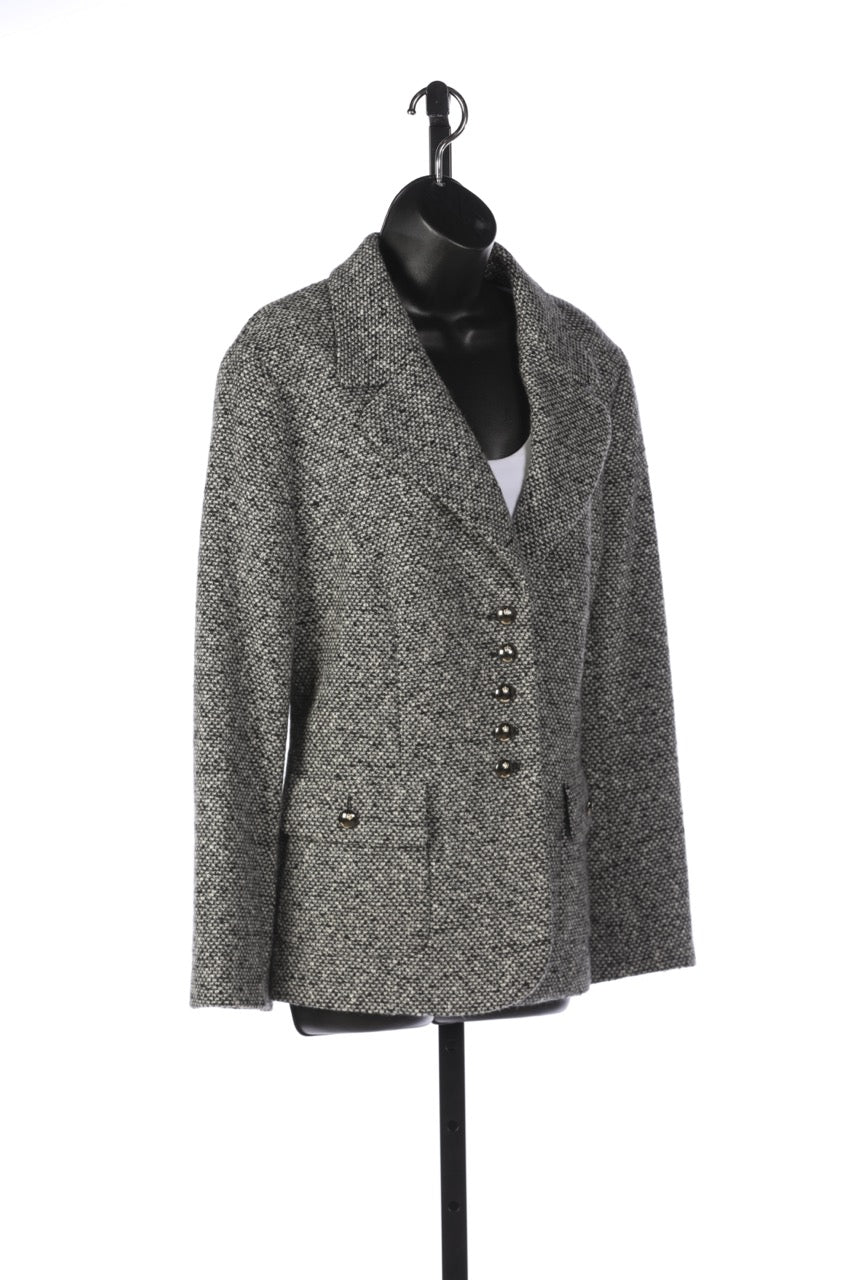 Escada Black & White Tweed Silver Button Up Blazer with 2 Front Pockets