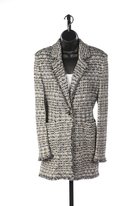 St. John Black, White & Tan Tweed Long Single-Button Coat