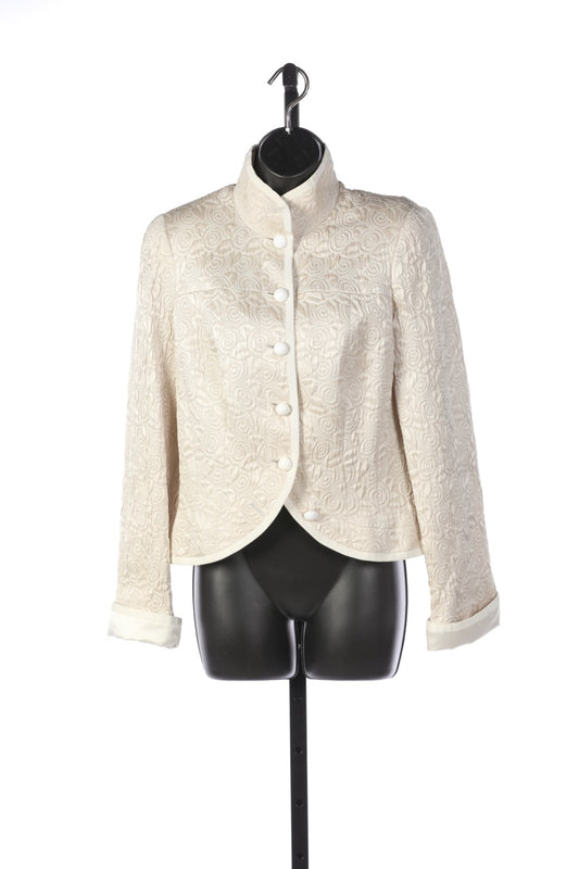 Armani Collezioni Satin Cream Textured Swirl Print White Button Up Blazer