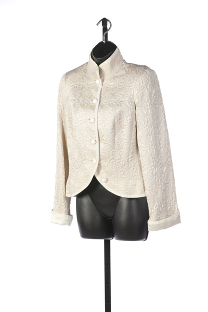 Armani Collezioni Satin Cream Textured Swirl Print White Button Up Blazer