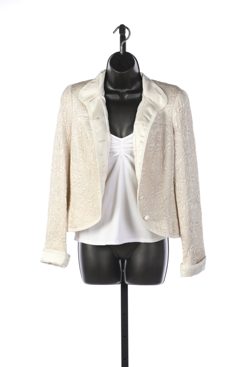 Armani Collezioni Satin Cream Textured Swirl Print White Button Up Blazer