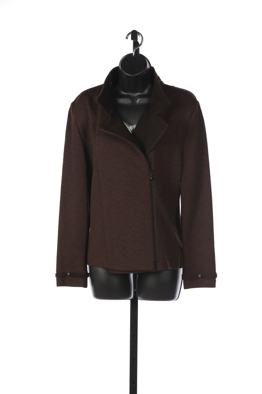 St. John Dark Brown Zip Up Sweater Jacket w/ Suede Strap Detail on the Collar