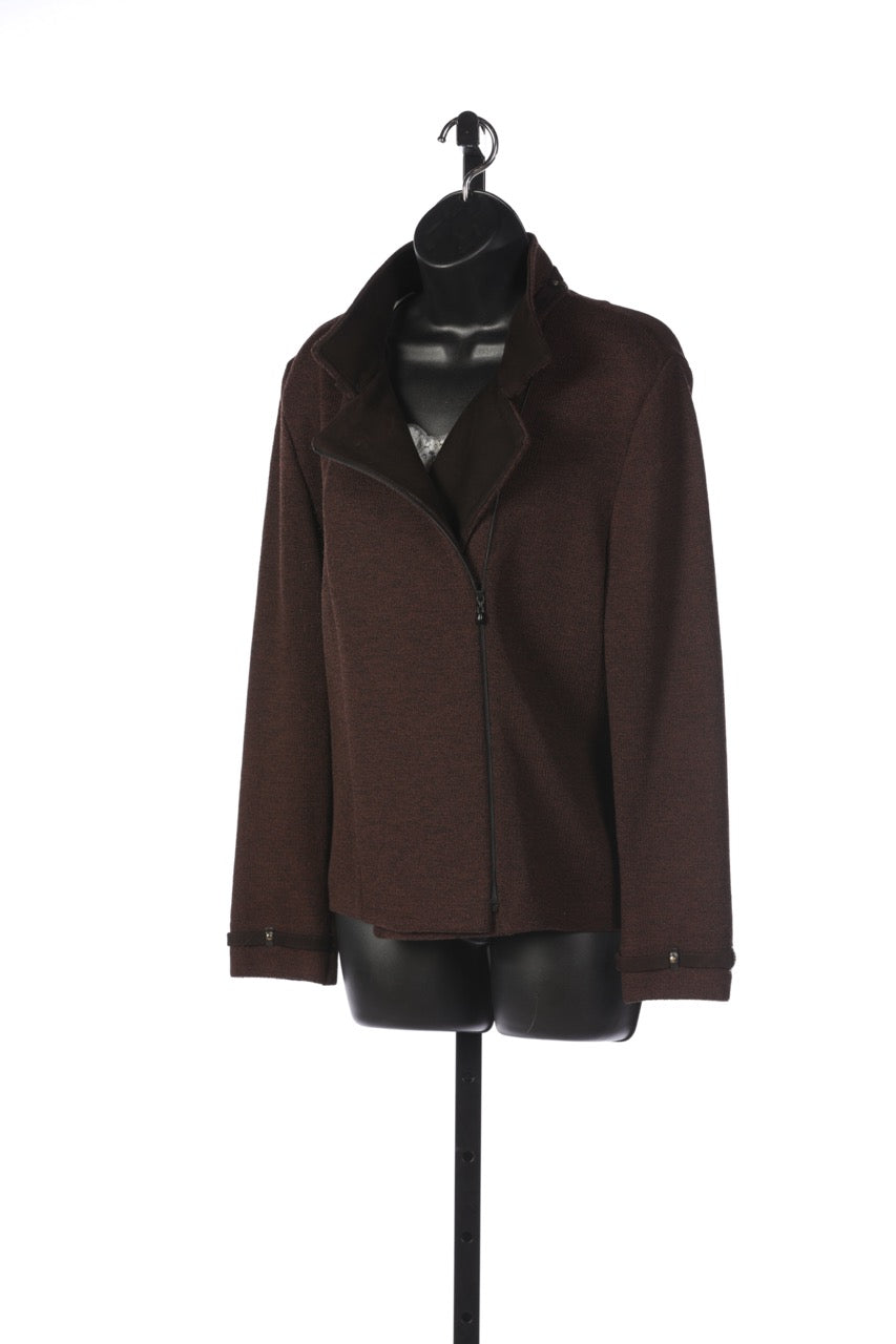 St. John Dark Brown Zip Up Sweater Jacket w/ Suede Strap Detail on the Collar