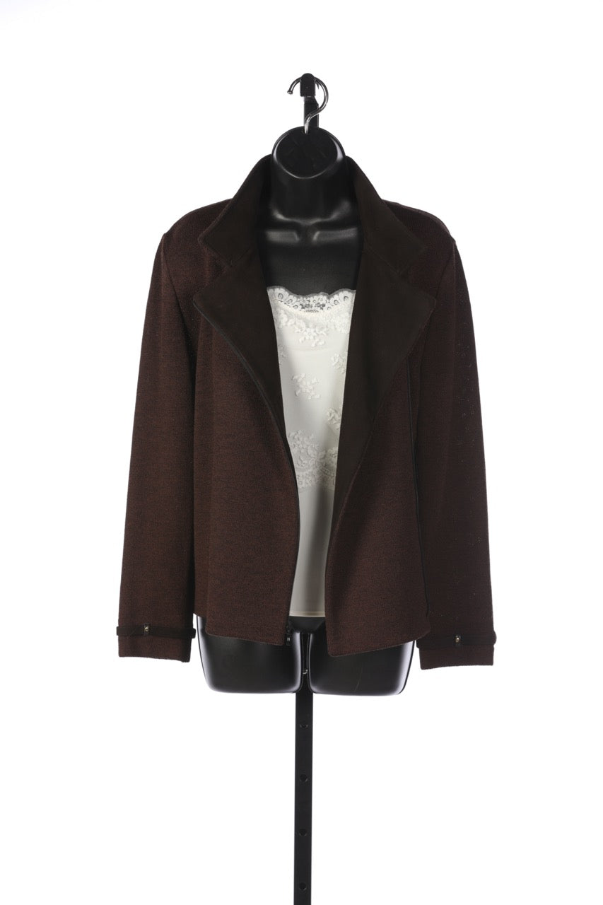 St. John Dark Brown Zip Up Sweater Jacket w/ Suede Strap Detail on the Collar