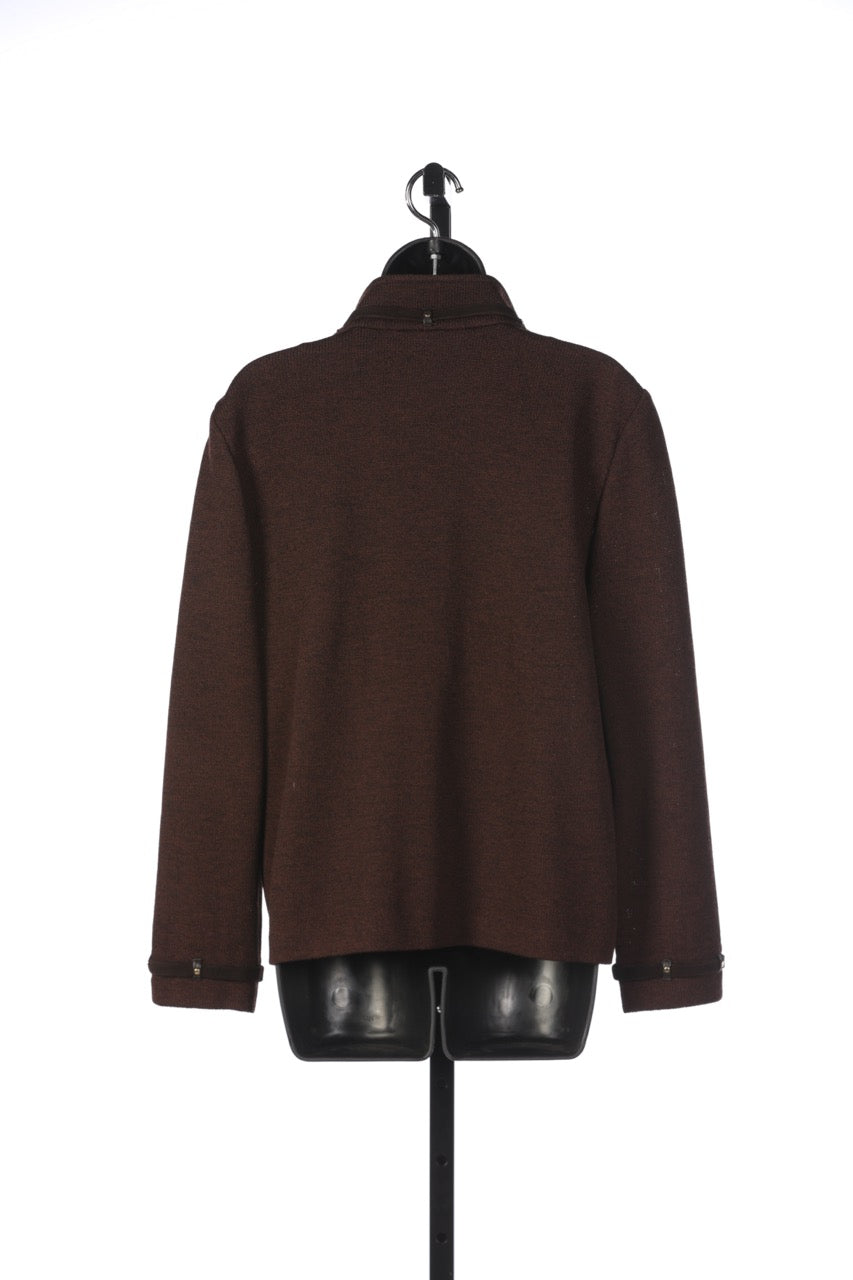 St. John Dark Brown Zip Up Sweater Jacket w/ Suede Strap Detail on the Collar