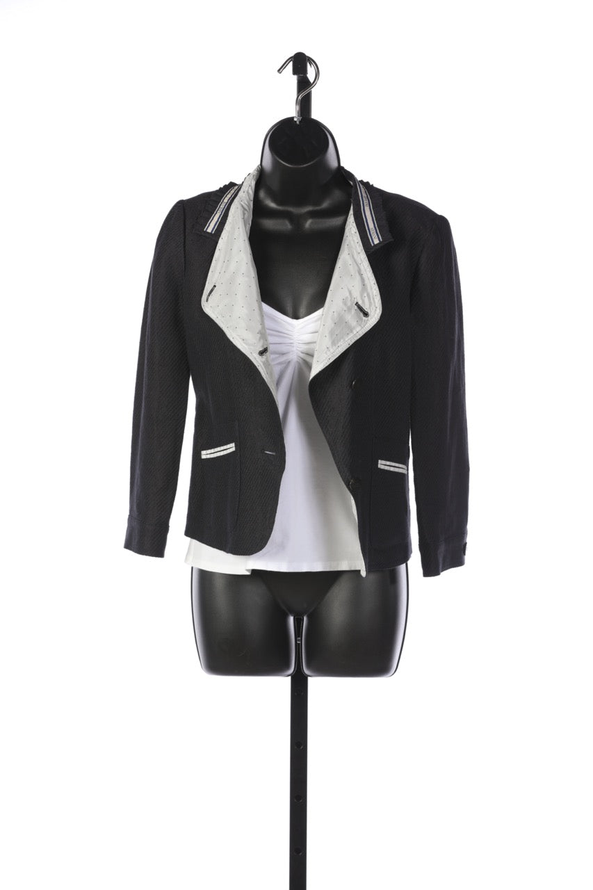 Armani Collezioni Navy & Grey Wool Cropped Jacket with Pleated Collar