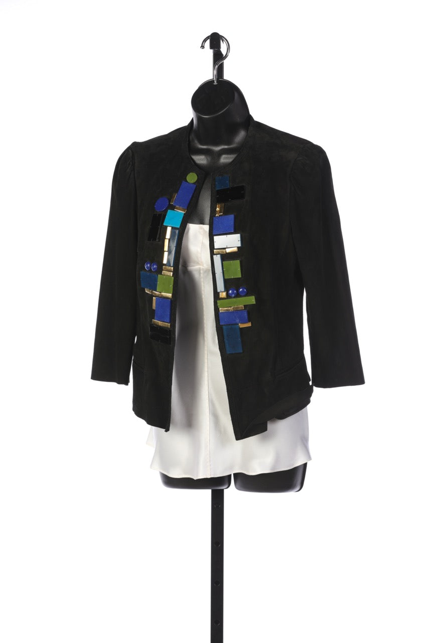 Roberto Cavalli Black Suede Multi Crystal Open Face Jacket