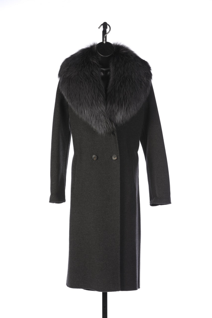 Yves Salomon Wool Grey & Dusty Blue Fox Fur Collar Button Up Full-Length Coat with Belt