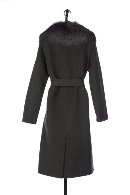 Yves Salomon Wool Grey & Dusty Blue Fox Fur Collar Button Up Full-Length Coat with Belt