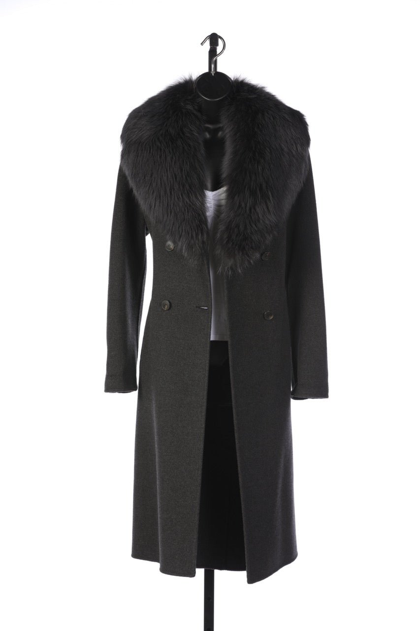 Yves Salomon Wool Grey & Dusty Blue Fox Fur Collar Button Up Full-Length Coat with Belt