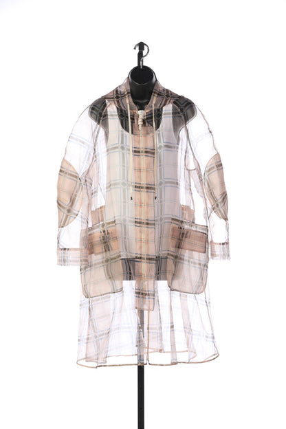 Fendi Sheer Light Peach with Blue & Brown Plaid Zip Up Hooded Coat