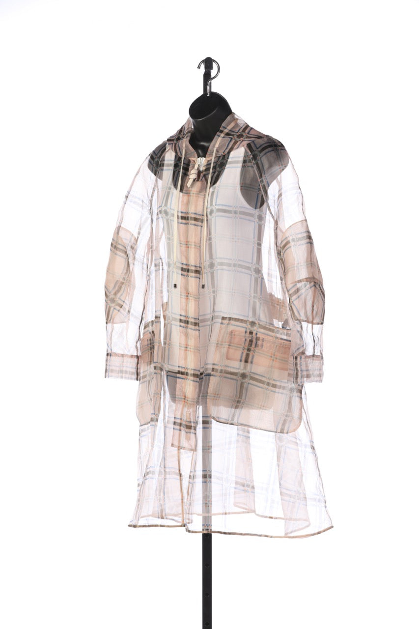 Fendi Sheer Light Peach with Blue & Brown Plaid Zip Up Hooded Coat