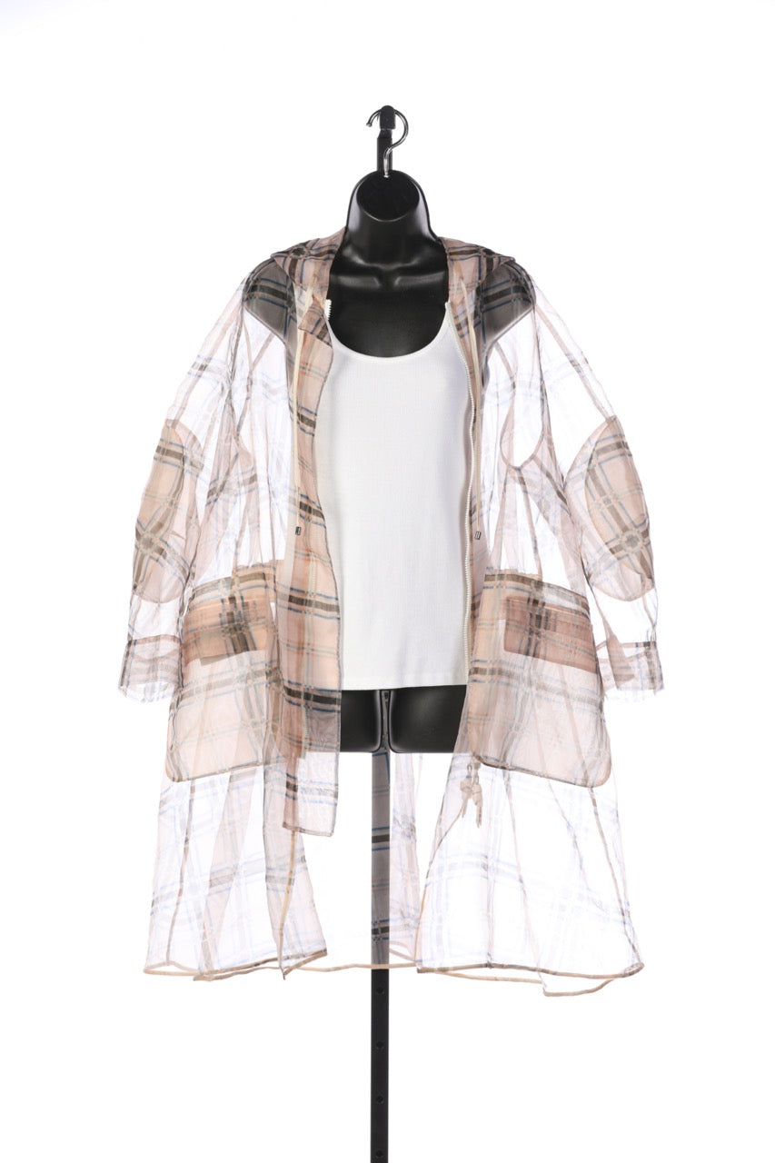 Fendi Sheer Light Peach with Blue & Brown Plaid Zip Up Hooded Coat