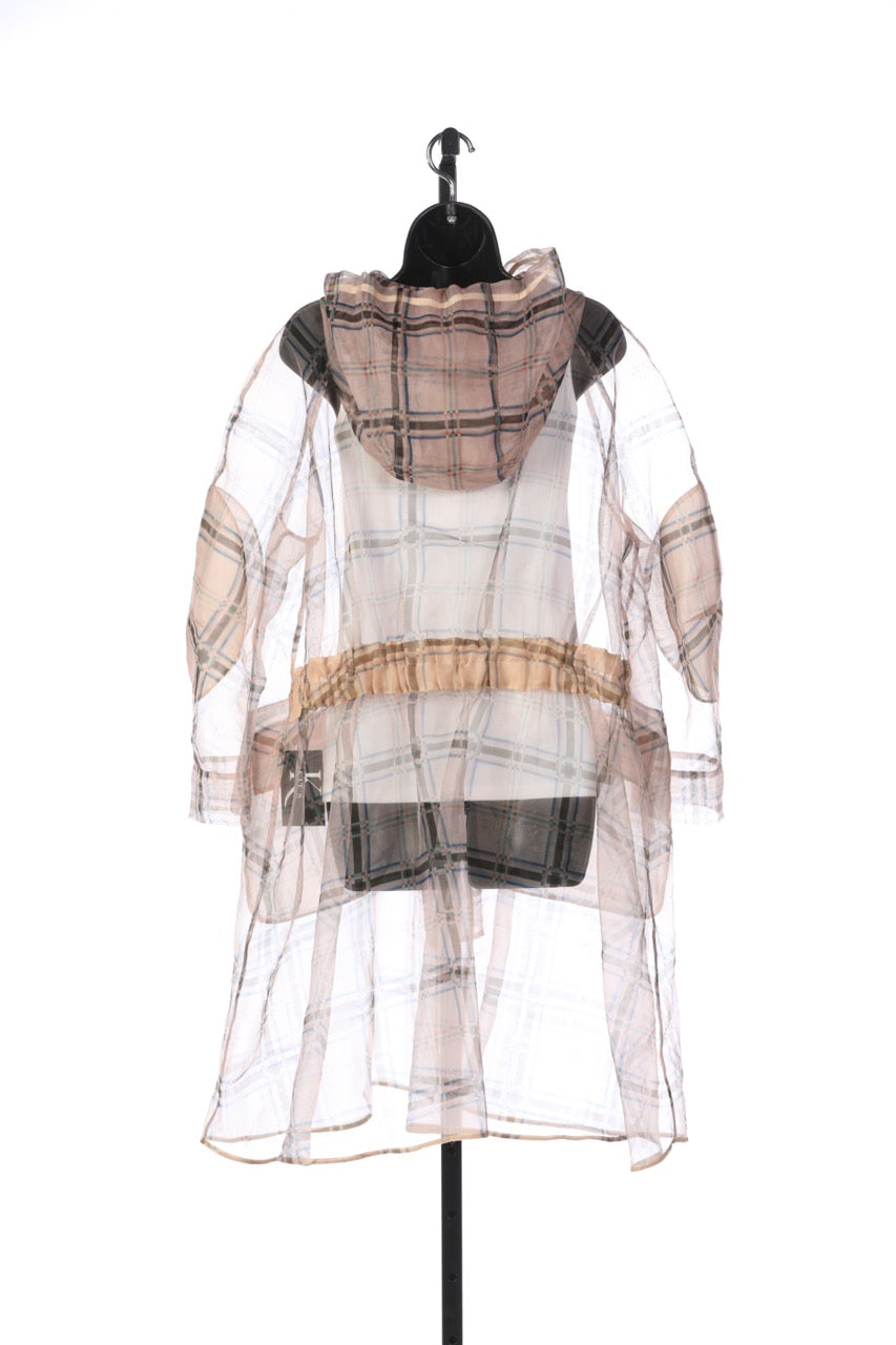 Fendi Sheer Light Peach with Blue & Brown Plaid Zip Up Hooded Coat