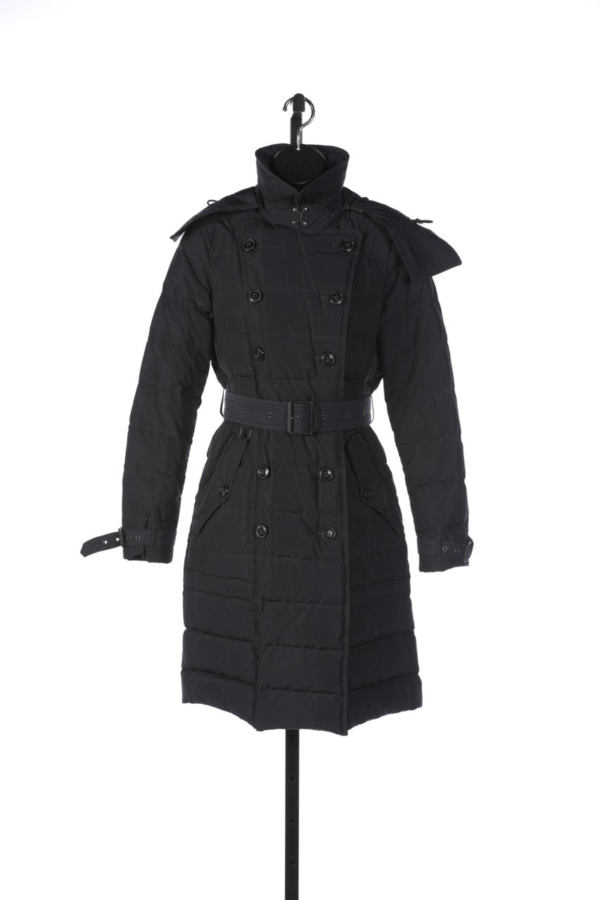 Burberry Black Double Breasted Long Button Up Puffer Coat with Belt & Hood