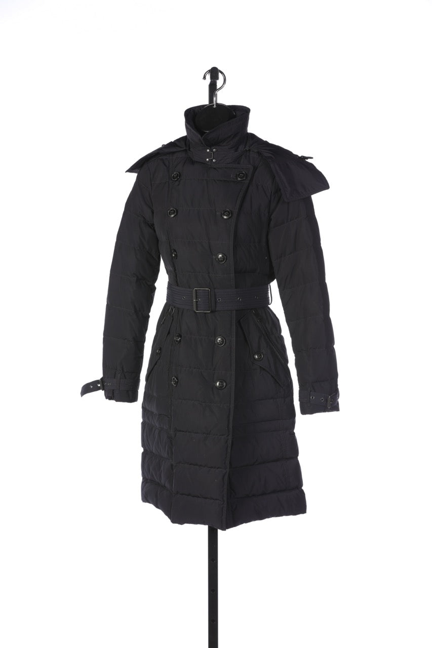 Burberry Black Double Breasted Long Button Up Puffer Coat with Belt & Hood