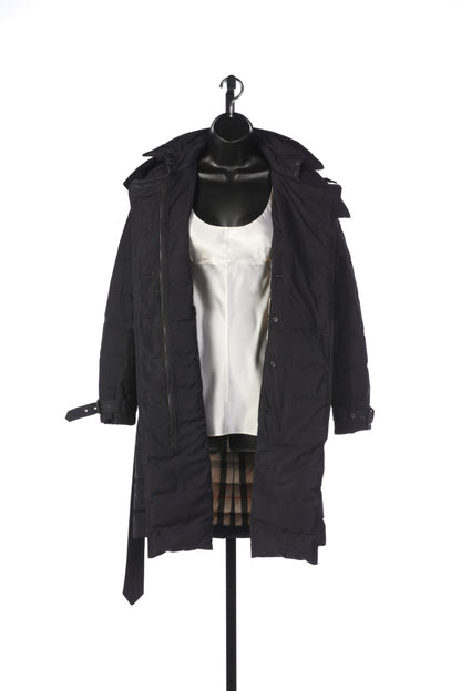 Burberry Black Double Breasted Long Button Up Puffer Coat with Belt & Hood