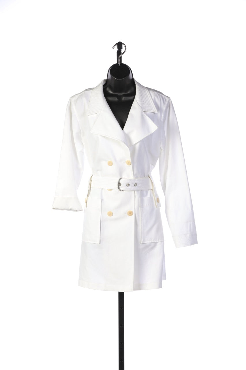 Armani Collezioni White Double Breasted Button Down Trench Coat w/ Belt