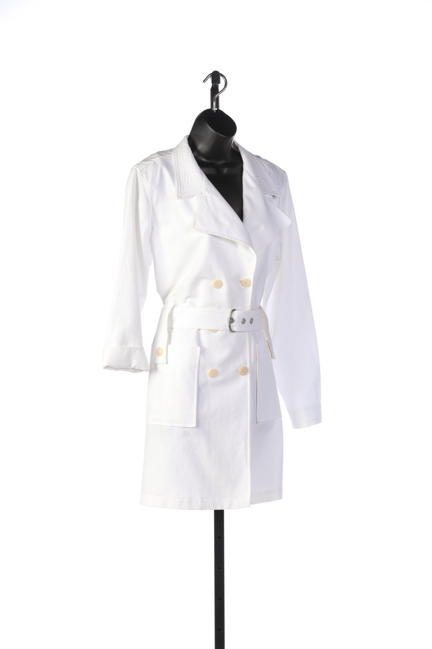 Armani Collezioni White Double Breasted Button Down Trench Coat w/ Belt