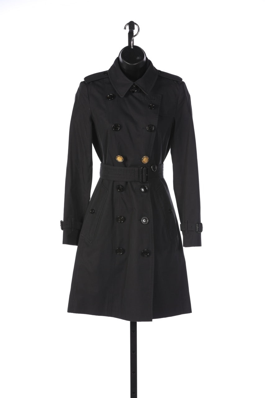 Burberry Black Chelsea Midi Trench Coat with Special Gold Buttons Added