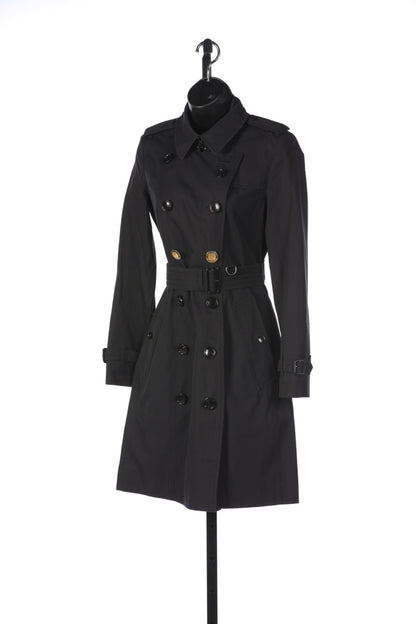 Burberry Black Chelsea Midi Trench Coat with Special Gold Buttons Added