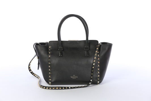 Valentino Black Small Rockstud Top Handle Tote with Crossbody Strap