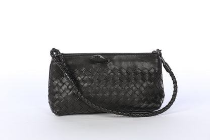 Bottega Veneta Black Woven Leather Mini Handle Bag with Magnetic Frame Closure