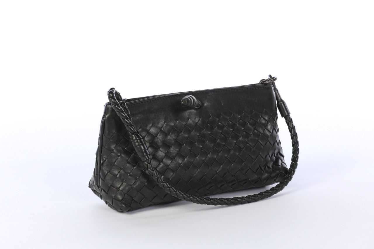 Bottega Veneta Black Woven Leather Mini Handle Bag with Magnetic Frame Closure