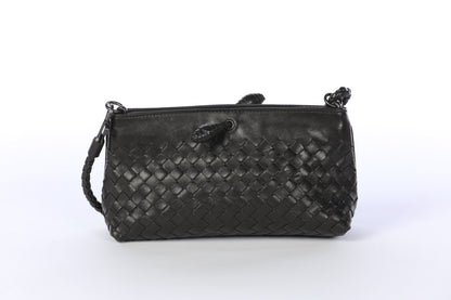 Bottega Veneta Black Woven Leather Mini Handle Bag with Magnetic Frame Closure