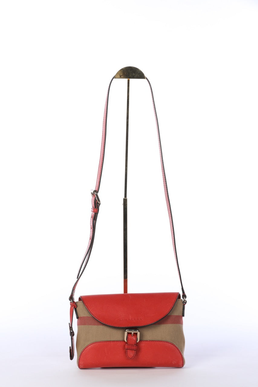 HAS DUSTBAG - Burberry Cadmium Red Canvas Check Small Henham Crossbody Bag