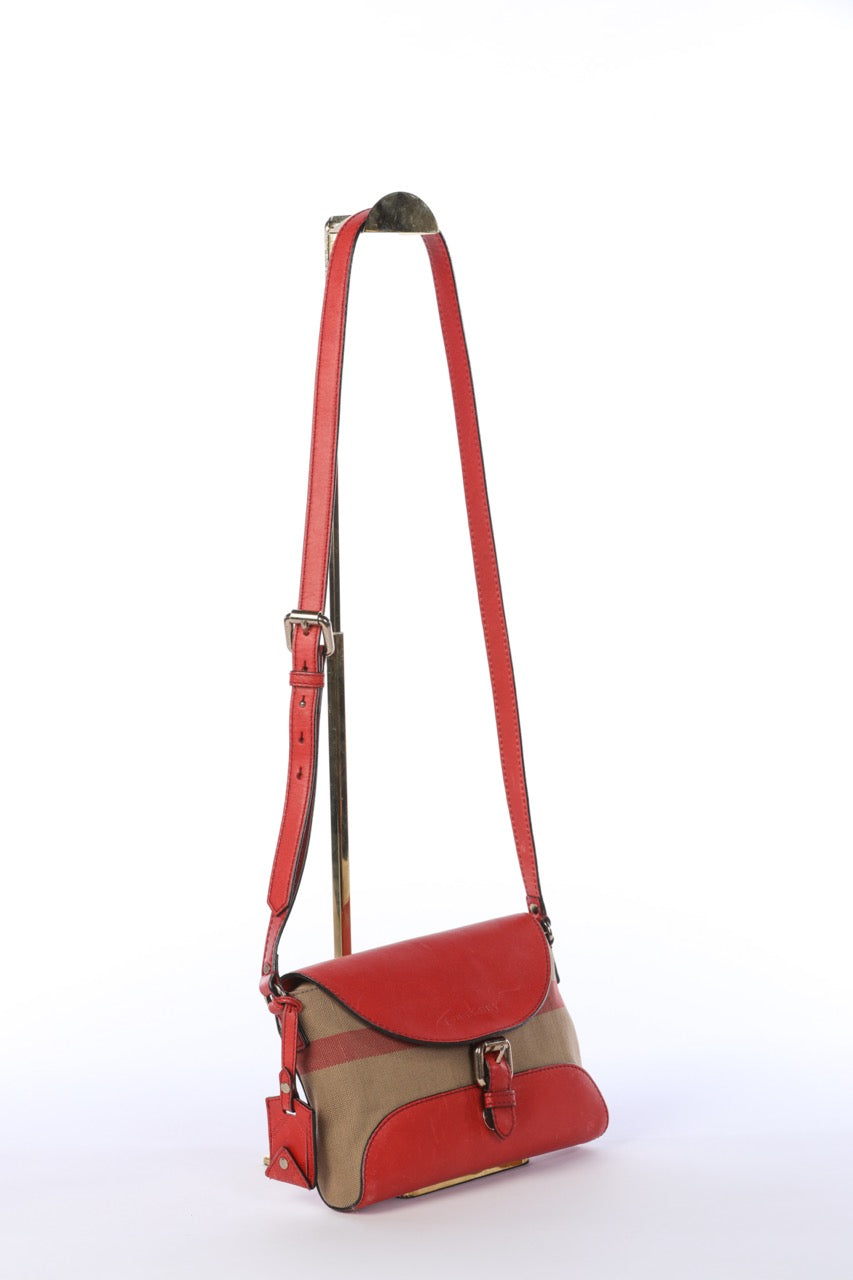 HAS DUSTBAG - Burberry Cadmium Red Canvas Check Small Henham Crossbody Bag