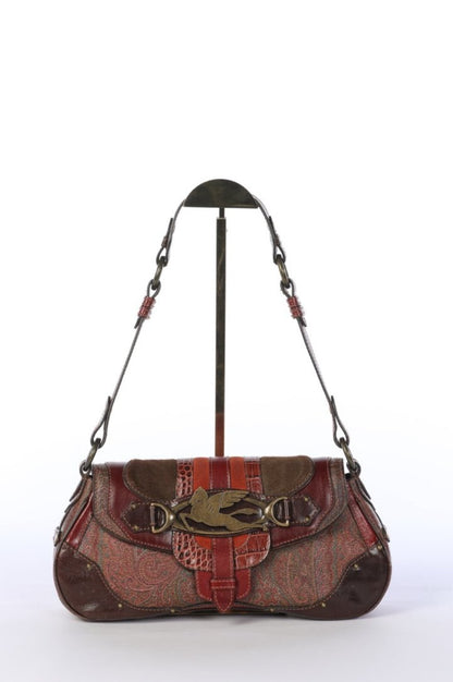 Etro Brown & Red Maroon Leather Paisley Shoulder Bag with Logo & Buckle