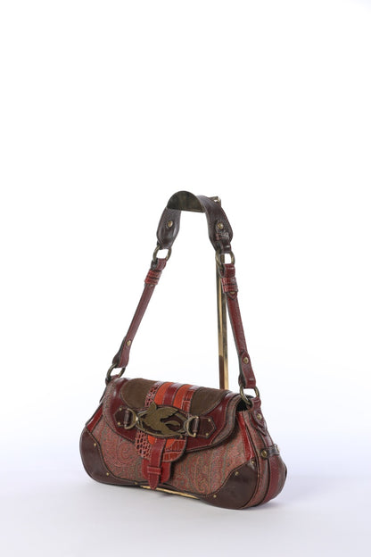 Etro Brown & Red Maroon Leather Paisley Shoulder Bag with Logo & Buckle