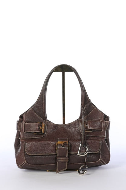 Dolce & Gabbana Vintage Leather Chocolate Brown Shoulder Bag with White Stitching & Buckle Detail