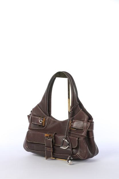 Dolce & Gabbana Vintage Leather Chocolate Brown Shoulder Bag with White Stitching & Buckle Detail