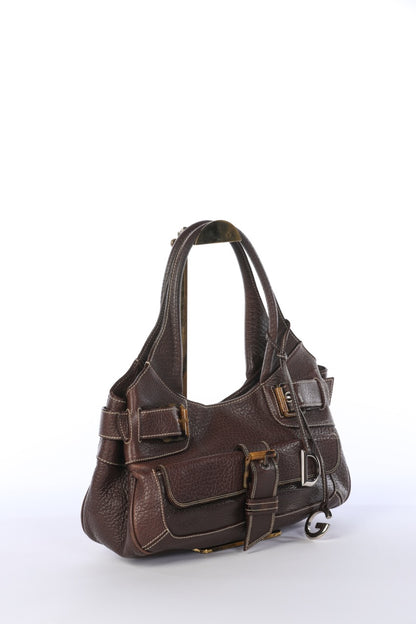 Dolce & Gabbana Vintage Leather Chocolate Brown Shoulder Bag with White Stitching & Buckle Detail