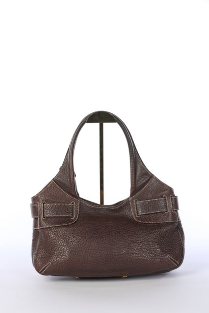 Dolce & Gabbana Vintage Leather Chocolate Brown Shoulder Bag with White Stitching & Buckle Detail