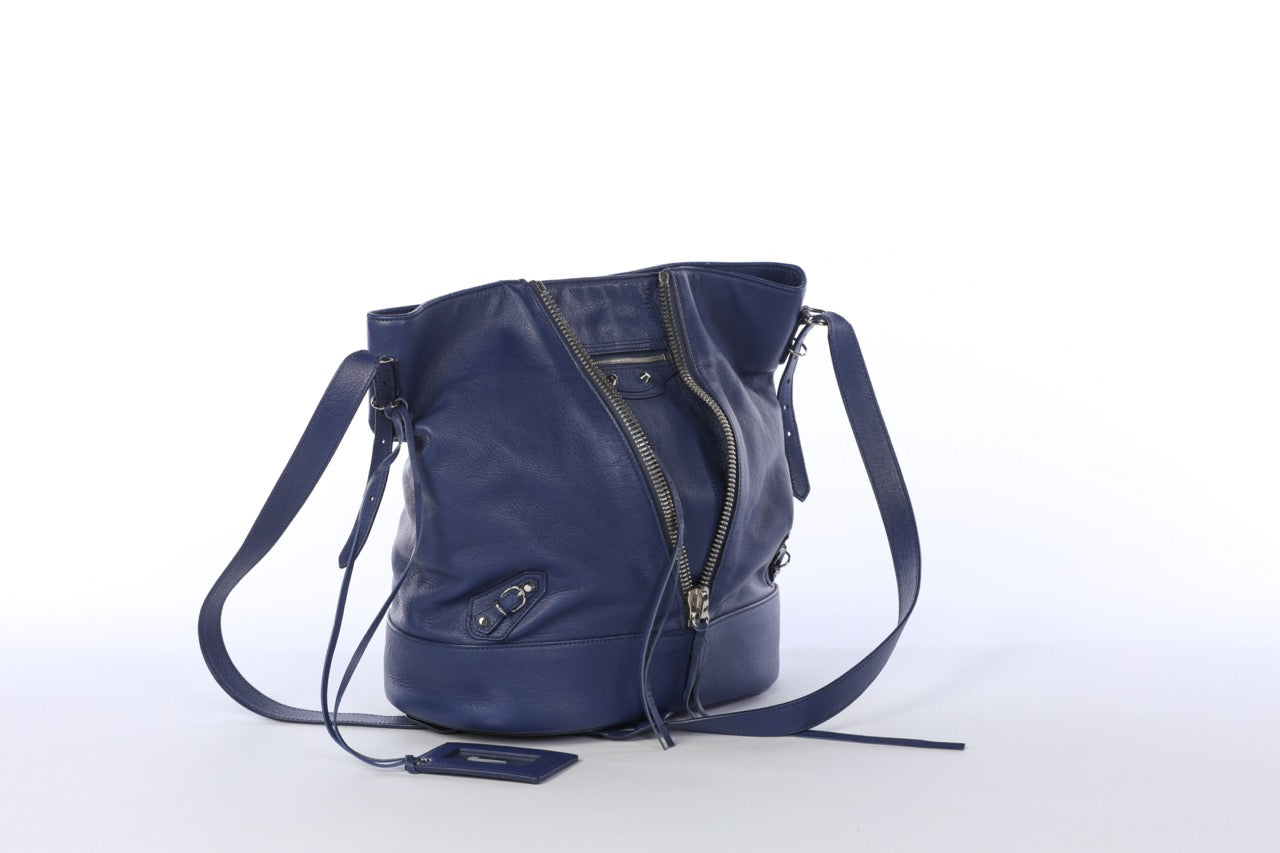 Balenciaga Blue Leather Front Zip Detail Silver Hardware Crossbody Bag