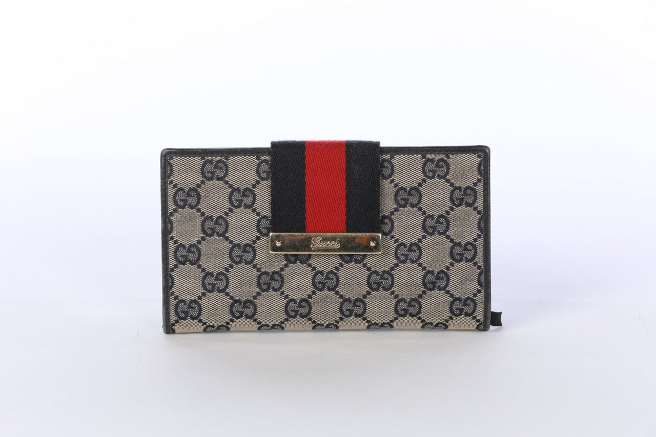 Gucci Navy & Beige GG Canvas & Leather Ladies Web Continental Wallet