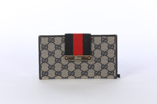 Gucci Navy & Beige GG Canvas & Leather Ladies Web Continental Wallet