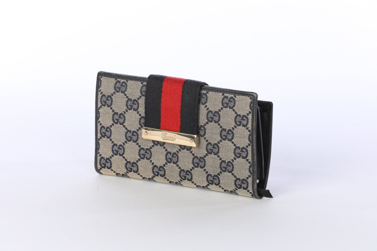 Gucci Navy & Beige GG Canvas & Leather Ladies Web Continental Wallet