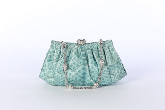 Judith Leiber Blue Genuine Snakeskin Clutch with Crystal Strap & Closure