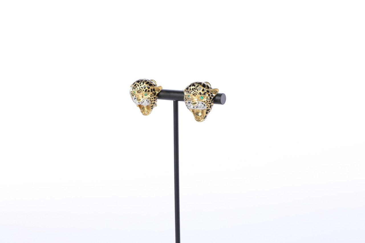 18K Yellow Gold Leopard Head Earrings with Pave Diamond Accents & Emerald Eyes