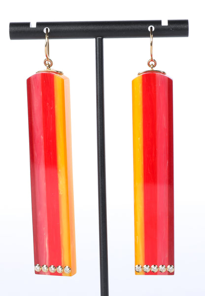 18k Yellow Gold Accent Red Purple Yellow Orange Long Rectangle Earrings with Genuine Bezel Set Diamond Accents