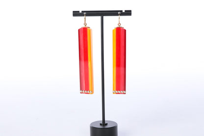 18k Yellow Gold Accent Red Purple Yellow Orange Long Rectangle Earrings with Genuine Bezel Set Diamond Accents