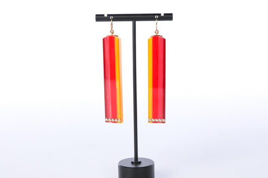 18k Yellow Gold Accent Red Purple Yellow Orange Long Rectangle Earrings with Genuine Bezel Set Diamond Accents